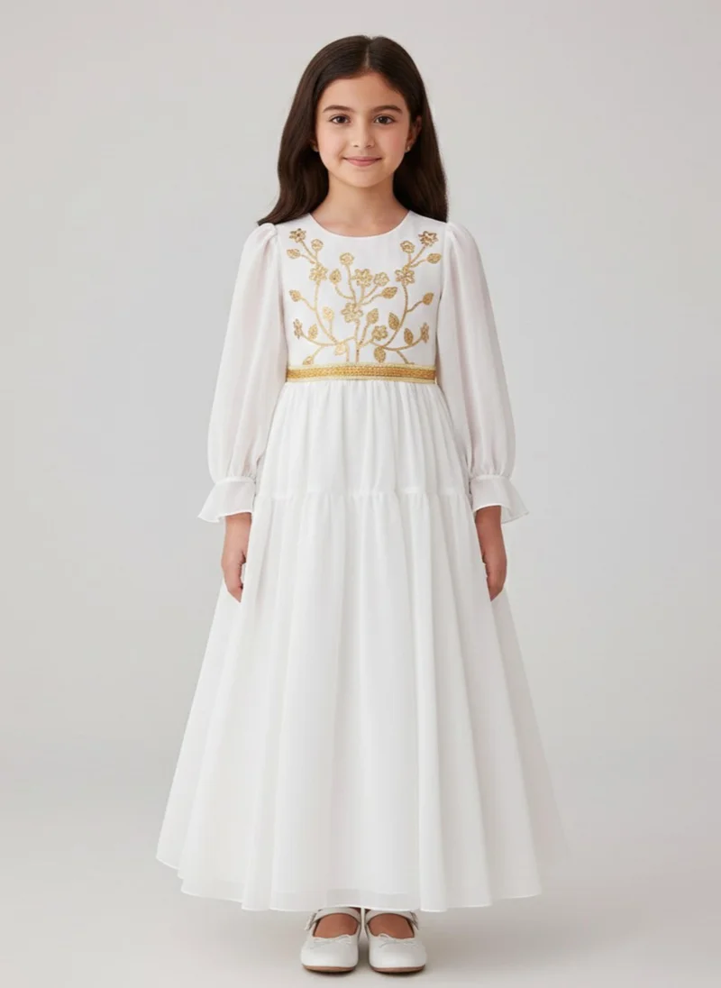 بيبي كلو Girls White Arabic Occasion Embroidered Maxi Dress
